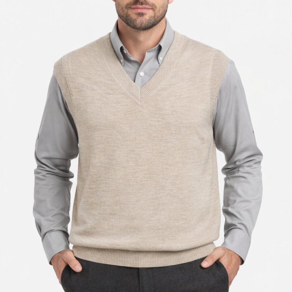 Murano Extra Fine Merino Wool Sweater Vest Beige M – Quiet Luxury Preppy